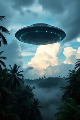 Dynosours in thevAmazon jungle high definition 8k a giant ufo spaceship hovering in the cloudy sky