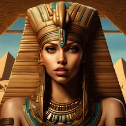 Portrait of a beautiful pharaonic girl, pyramids in the background, cute face, finely detailed, ARRI, 55mm, amazing detail, beautiful colors, trending on artstation, sharp focus, studio shot, intricate detail, highly detailed, by WLO, by Greg Rutkowsk, popular Artstation, sharp focus, photo studio, complex de