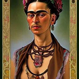 A beautiful portrait of Frida Kahlo by alphonse mucha, japanese tatoos, 4k, high details