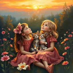 A magical moment in a painterly sunset garden. The two girls sit close together with the three kittens cuddled between them, looking up toward the glowing evening sky. Above them, soft light trails, sparkles, or a glowing star emerge — a touch of fantasy as if nature itself whispers to them. The warm colors wrap around them: coral, gold, rose, and soft blue. The composition feels like the closing page of a gentle fairy tale. Painted with rich oil textures, craquelure, and poetic atmosphere. --v
