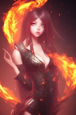 3d Anime girl close and personal but beautiful in fire background