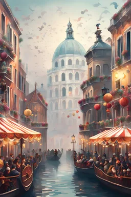 Generate an illustration of a festive carnival ultra detailed 32k mask , the joyful atmosphere over a misty Venice background.
