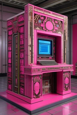 A pink cybernetic supercomputer designed in ancient Greek mosaics painted by Thomas Hart Benton
