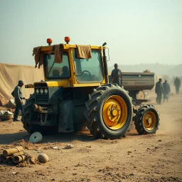 Photograph, fili, cubo, rags, daylight, brutalist, some people, red spots, little wheel tractor-scraper, museo style, telo nero, powder, punto giallo,minimalist, details of the dust very accentuated, 8k, deep 3d field