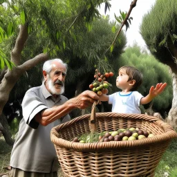 أم عم تقطف الزيتون من الشجرة وابنا ماسك السلة جنبا ومبسوط