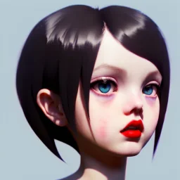 girl, cute, beautiful, white eyes, red lips, black hair with bangs, goth, close up portrait by Greg Rutkowski isometric clean art of super cute child, hard lighting, soft pastel gradients, high definition, 3d icon clay render, blender 3d