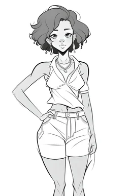ouline art, white background, cute african american woman, anime small waist, full body, only use outline, hourglass shape, no shadows