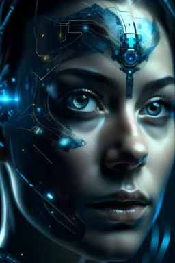 beautiful cyborg face, blue data and numbers flying around, cyborg face, an enchanted technological portal from the future, journey into the healing power of nature, photorealistic, perfect composition, cinematic shot, intricate details, hyper detail