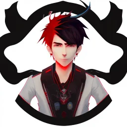 anime discord profile picture of man with short black hair AND red streaks, with dragon horns on top of his head, looking mischievous