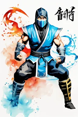 Sub Zero from Mortal Kombat, ink artistic conception, with typography elements, abstract, complementary colors, simplicity, Chinese painting, white background, 8k,