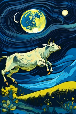 UNA VACA SALTANDO EN LA LLANUARA PAMPEANA ARGENTINA BAJO LA LUNA BRILLANTE AL ESTILO DE VAN GOGH