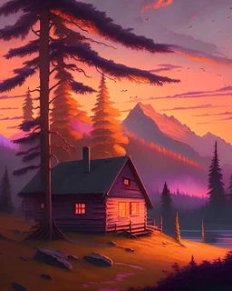 A serene landscape with a small cabin nestled between two trees. The sun is setting in the background, casting a warm glow over the scene. The sky is filled with shades of orange, pink, and purple, while the trees are painted in shades of green and brown. In the distance, there are mountains covered in mist. The cabin has a small porch, and a light is visible through the window.
