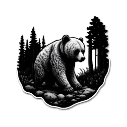Sticker design on white background, Teddybear walking in a forest, in liberty art style, ambient light, high details, photorealistic, monochrome, black and white