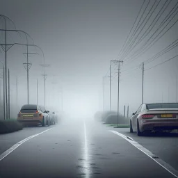 An empty carpark on a misty day. Telegraph poles and wires. Muted tones. Tilted horizon. With blotches, blurry areas and lens noise and grain. Hyper realistic Photo 4k