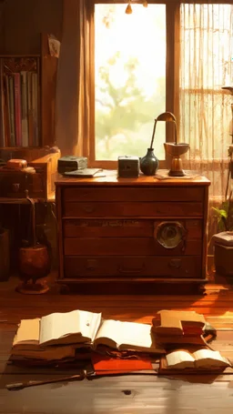Very old stuff in a room, wide angle view, nostalgia, '50 style, realistic rendering