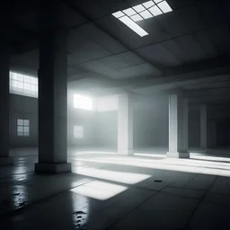 Brutalist factory floor totalitarian white light