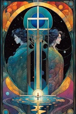 Create a chaotic abstract cubist Tarot Card depicting an ornate,The Three of Swords , in the style of Bill Sienkiewicz, Philippe Druillet, Gustav Klimt, Alphonse Mucha, and Jean Giraud Moebius, precisely drawn, colored and inked, in muted colors, with ornate bordered edges