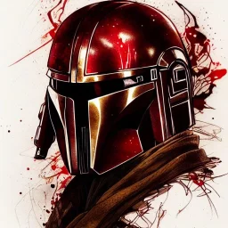 photorealistic the mandalorian helmet, illustration by <agnes cecile> <Yoji Shinkawa>, ornate and intricate details , soft smooth lighting, blood red and gold colormix, concept art, black satin background