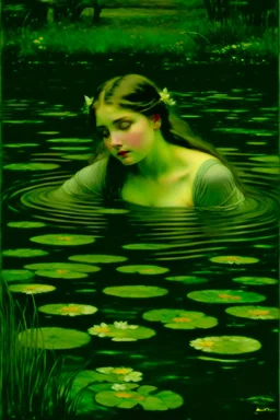 a beautiful woman in clear water, pond of lily, by John William Waterhouse and Jason Chan, Johannes Voss