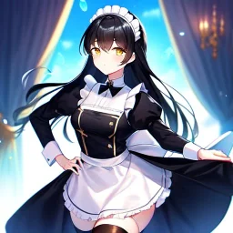 girl, masterpiece, best quality, volumetric lighting, detailed outfit, perfect eyes, black hair, golden eyes, long hair, maid, thighhighs,