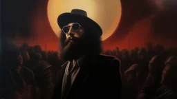 rabbi, 1970's dark fantasy cover dnd style oil painting with minimalist far perspective. bon jovi concert.