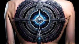 An amazing Stargate tattooed onto a female human back in vivid and vibrant tattoo ink on a black background, Stargate SG-1 art style, high contrast, detailed, intricate.