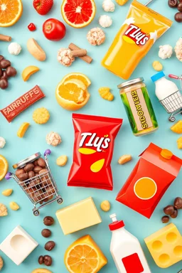A design filled with fruit juice, puffs, chips, soda, various chocolates, shopping carts, cheese, butter, pasteurized milk, and dairy products in bright, cheerful, and eye-catching colors.