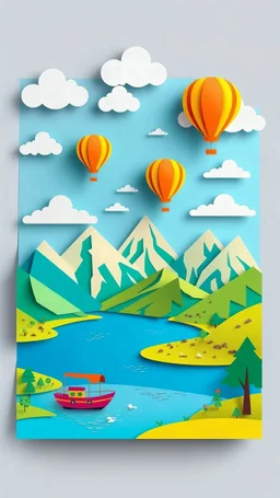 The image shows a digital artwork resembling a paper landscape. It features a vibrant scene with hot air balloons floating above a mountainous terrain, a body of water with a boat, and stylized clouds. The artwork uses a paper-cut or layered paper effect, giving it depth and texture. The color palette is bright and cheerful, with blues, yellows, and oranges dominating the scene.