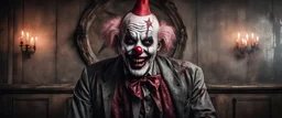 Hyper Realistic Zombie clown creepily smiling in huge dark mansion lounge with a satanic pentagram on a rustic wall