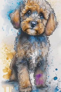 Abstract wet watercolour of a cockapoo, ink lines, splashy background detailed,focus on eyes, watercolour paper