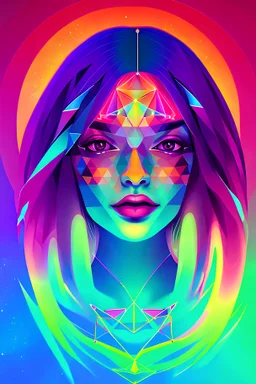 Portrait femme, cosmique, couleurs vives, triangles, centré, détail, résolution 8k,