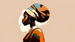 logo,Design, African woman, oil painting, featureless, graphic, drawing without facial features, background, sky, traditional clothes, cartoon, looking left