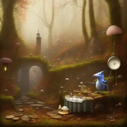 A Plague Doctor (AND) a Mouse having a port & cheese party in a forest of mushrooms by a river, art by Pixar and Disney