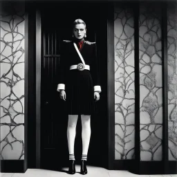 [Le Cabinet de Curiosités by helmut newton] The creature's immense almond-shaped eyes glow with an inner light, revealing a depth of ancient wisdom and unfathomable mystery. As it moves through the chamber, Clad in a Japanese-inspired ensemble of red, black, and white, the being wears a high kilt and thigh-high white stockings, adding a touch of ethereal allure to its reptilian form. A skeletal rib cage and massive vertebrae protrude from beneath the cybernetic exoskeleton, hinting at a fusion o