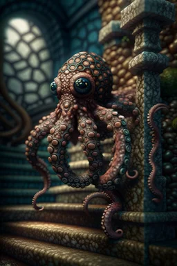 portrait of hairy octopus with human head climbing a stone ladder, in the style of fantasy movies, photo-realistic, shot on Hasselblad h6d-400c, zeiss prime lens, bokeh like f/0.8, tilt-shift lens 8k, high detail, smooth render, down-light, unreal engine 5, cinema 4d, HDR, dust effect, vivid colors, smoke, dust, fireflies