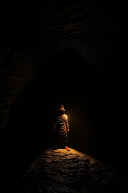 character in semi-darkness, on the scree cone of an underground room dimly lit by daylight coming from a well located forty meters above.