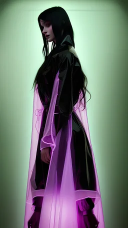 painting by koson ohara and marta bevacqua, portrait of a beautiful goth woman with long black hair, wearing a plastic raincoat, purple neon lighting, 8k, high quality, highly detailed