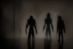 reunion de 3 grandes sombras humanoides en una sala obscura