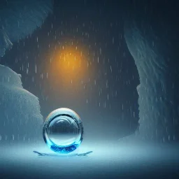 fantasy concept art, dynamic lighting, Intricately detailed, Splash screen art, deep color, Unreal Engine, volumetric lighting, white ice snowglobe, white ice orb, raindrops, night,