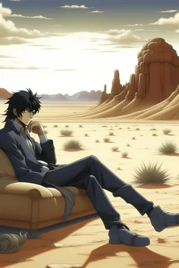 Nicholas Wolfwood Trigun is sitting on a couch in the middle of the desert