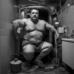 full figure shot photography, ugly turkish chubby plumber repairs boiler, burly, shirtless, hairy allover, manly chest, muscular big beefy 40 years old, dressed in boxer, big thighs, seen from below, frontal view, ambient occlusion, side light