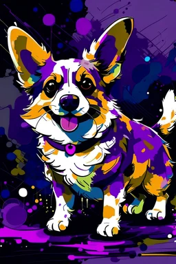 painting, bold ink illustration of a little, short, skinny, happy, corgi dog abstract, different colors, purples, different patterns, neon, smiling, simple, INK Illustration Art Style, 8K, full body, black toenails