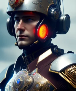 male soldier cyborg| detailed face| symmetric| steampunk| cyberpunk| cyborg| intricate detailed| to scale| hyperrealistic| cinematic lighting| digital art| concept art| mdjrny-v4 style| red| space city