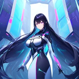 Clear focus,High resolution, Black long hair, Purple eyes, Wearing a Futuristic Popstar outfit