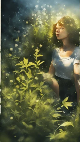 Alva in the garden ,lotsa wild weed, in spotlight, magazine cover illustration with spray paint, signed, bokeh like, down-light, unreal engine, prize winning