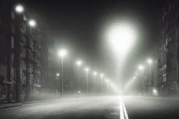 Burning zeppelin, dark cityscape, glowing streetlights, light fog