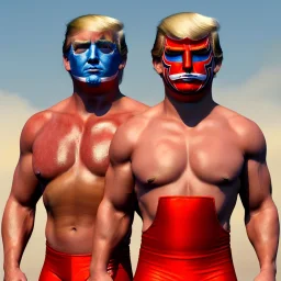 Realistic image of Donald trump wrestler, Mexican wrestling style, Mexican wrestling mask for eyes, red and blue breeches, glow us flag dress, suspenders, retro style, 80s, vibrant color, highly detailed, sky background, concept art, unreal engine 5, god rays, ray tracing, RTX, lumen lighting, ultra detail, volumetric lighting, 3d, finely drawn, high definition, high resolution.