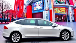 A Tesla's 'Model S Plaid' is parked, at 'Lotte World', in Seoul (South Korea). CINEMATIC. WIDE ANGLE LENS.