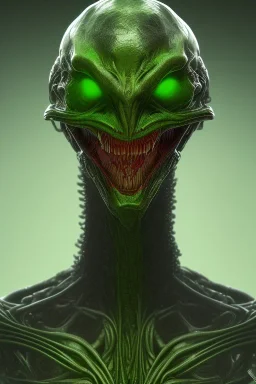 green alien, head, evil, red eyes, big silver teeth, weapons, blood, 8k, finely detailed, photo realistic, HR Giger style