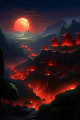 View of an ancient walled city sitting in a valley as viewed from the rim of the valley, the city is lighted by torches placed along the walls with windows high upon the wall, One window has a scarlet cord draped out reaching the ground, the sky is dark and surrealistic with planets and moons on the horizon, the rim of the valley has armored soldiers laying in wait while 2 spies work their way down to the outside of the city wall where the scarlet cord hangs from the window above
